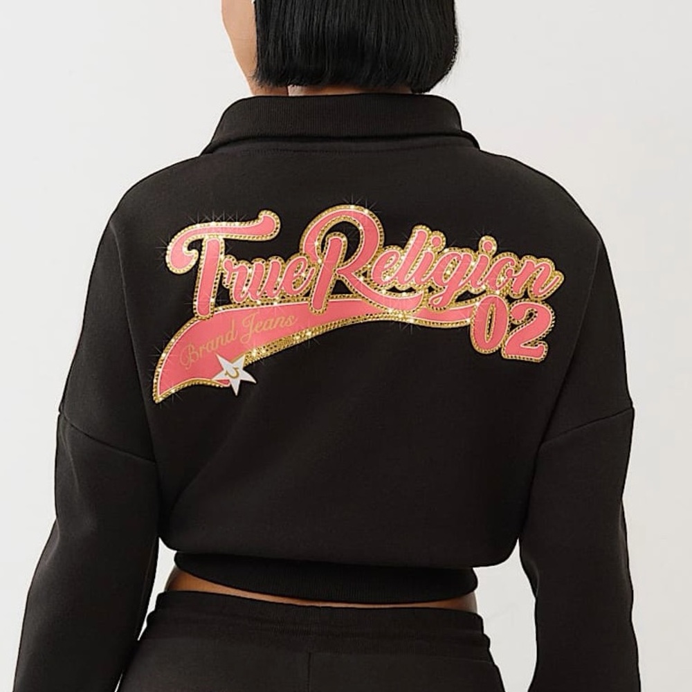 True Religion Bling Varsity Half Zip Sweater Cropped Sweatshirt
